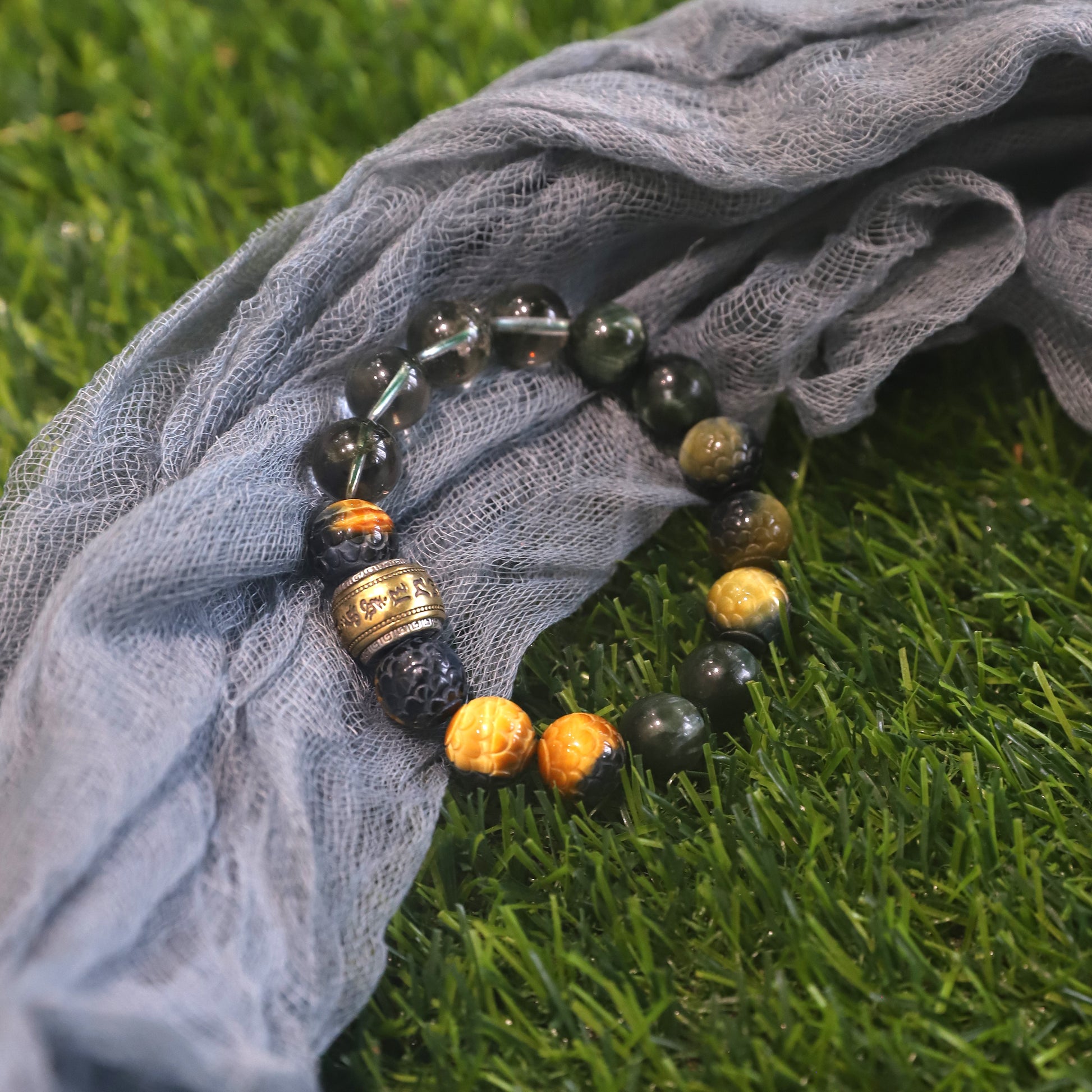 Spacetime Mineral 12mm Seraphinite Dragon Carved Multicolored Tiger Eye Green Phantom Quartz Bead Bracelet | Natural Crystal | Celestial Dragon