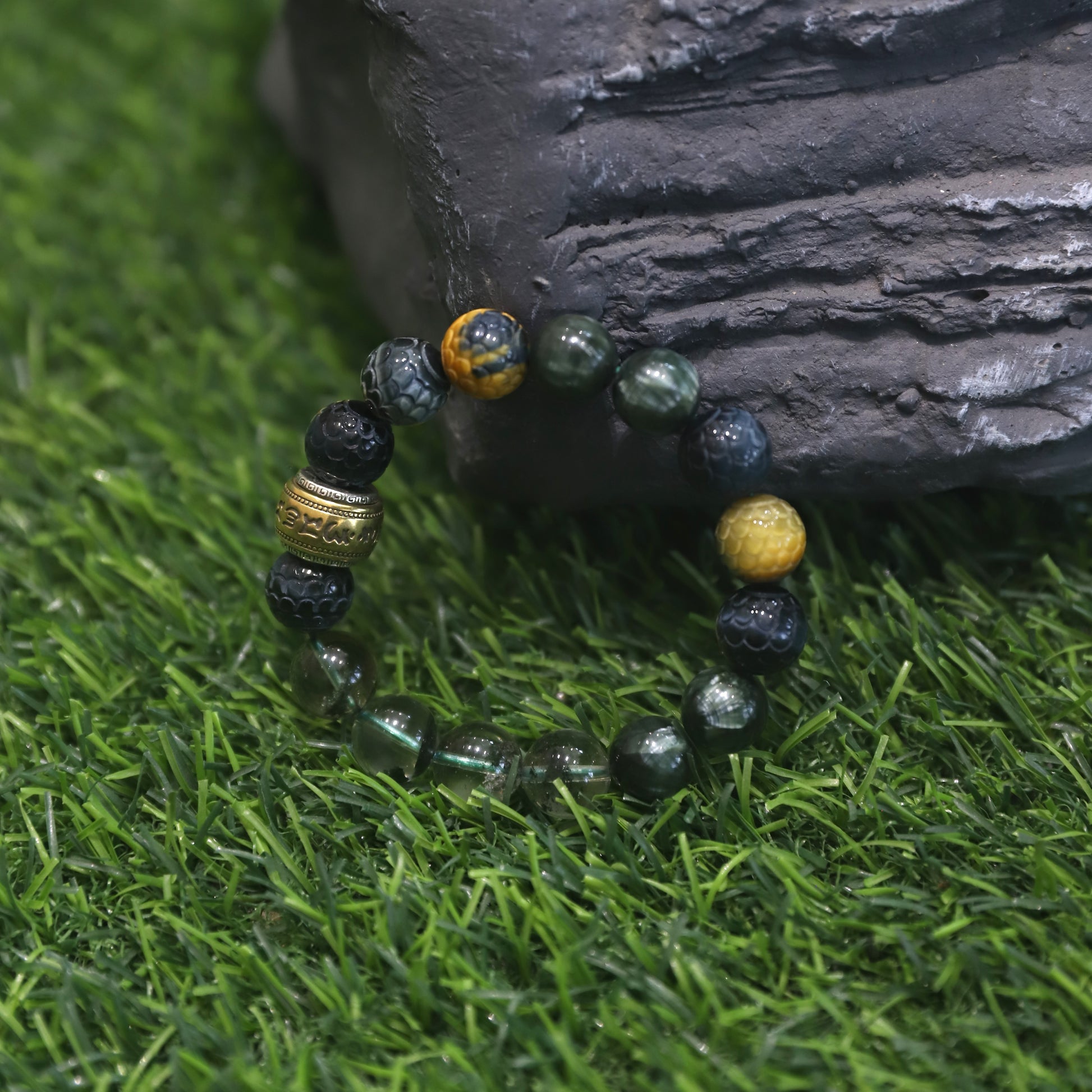 Spacetime Mineral 12mm Seraphinite Dragon Carved Multicolored Tiger Eye Green Phantom Quartz Bead Bracelet | Natural Crystal | Celestial Dragon