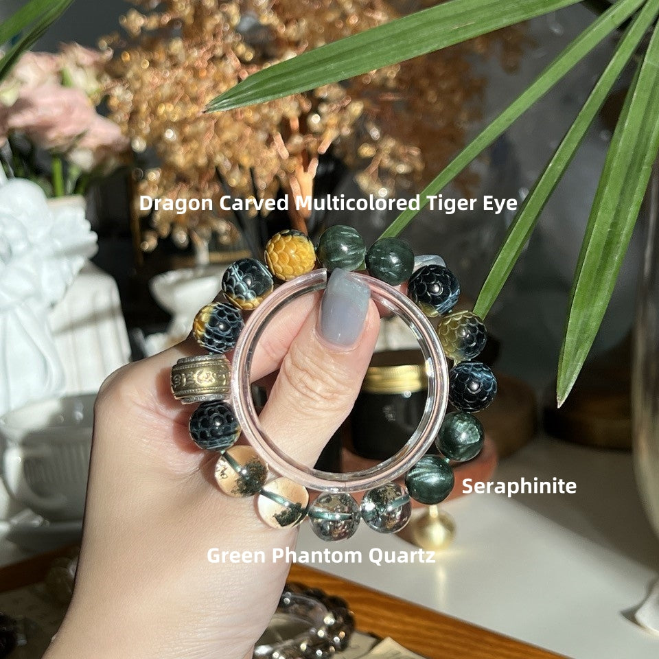 Spacetime Mineral 12mm Seraphinite Dragon Carved Multicolored Tiger Eye Green Phantom Quartz Bead Bracelet | Natural Crystal | Celestial Dragon