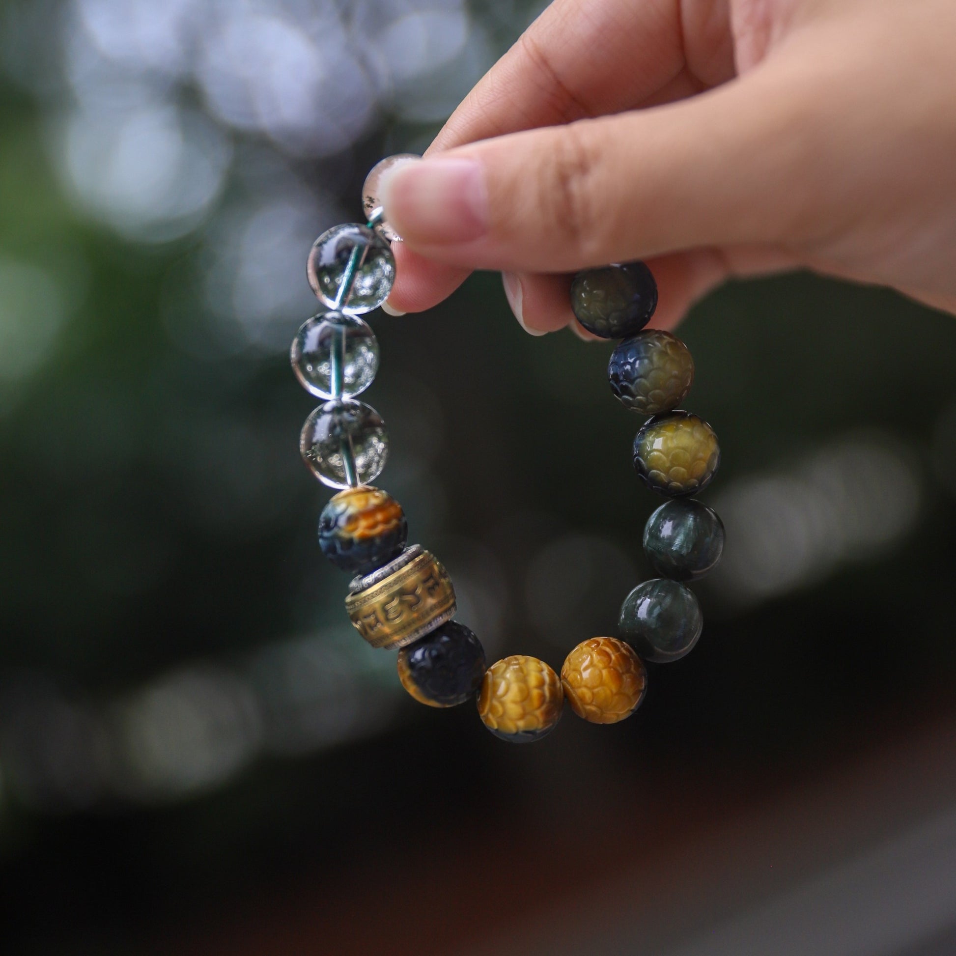 Spacetime Mineral 12mm Seraphinite Dragon Carved Multicolored Tiger Eye Green Phantom Quartz Bead Bracelet | Natural Crystal | Celestial Dragon