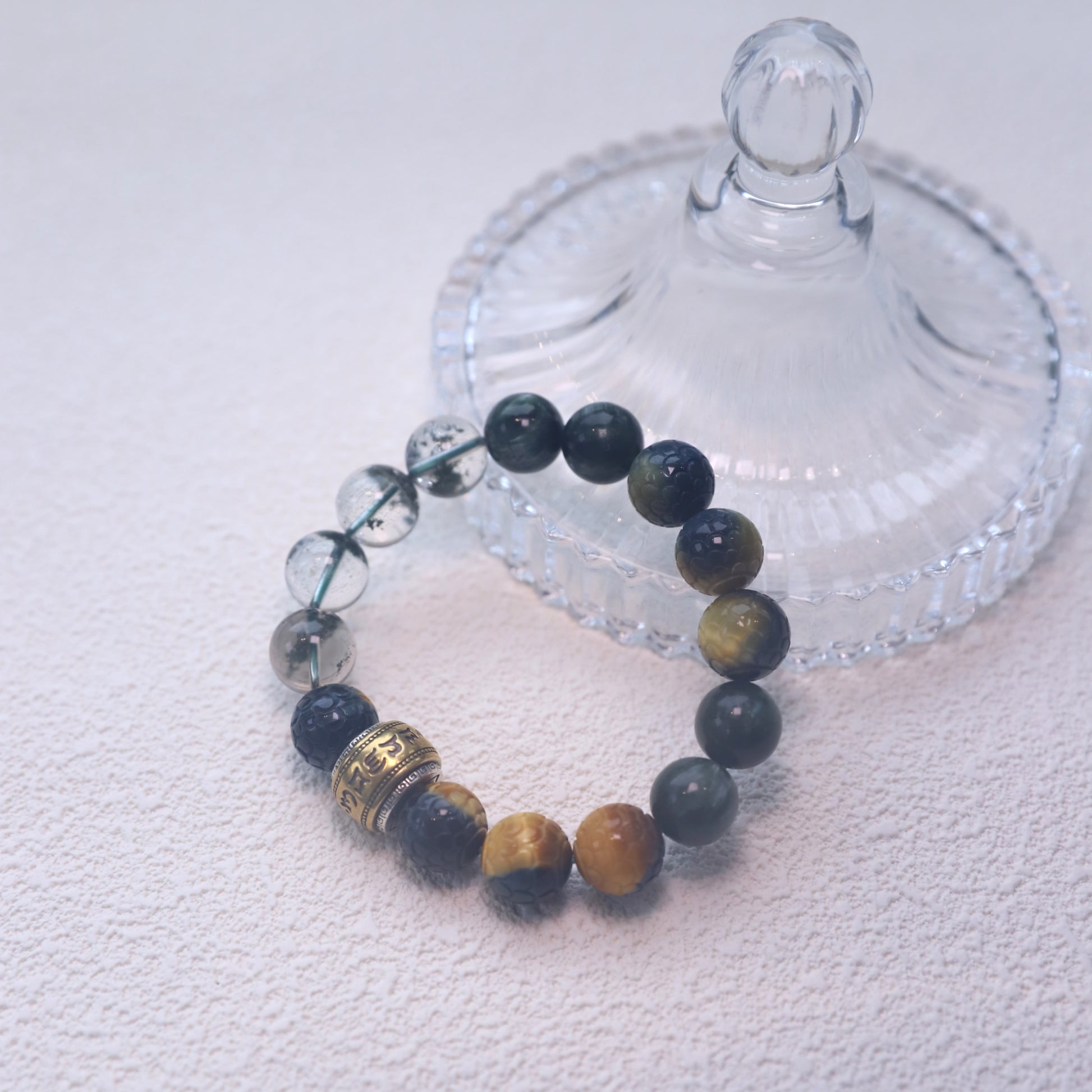 Spacetime Mineral 12mm Seraphinite Dragon Carved Multicolored Tiger Eye Green Phantom Quartz Bead Bracelet | Natural Crystal | Celestial Dragon