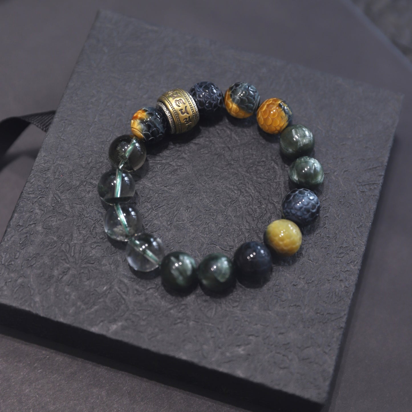 Spacetime Mineral 12mm Seraphinite Dragon Carved Multicolored Tiger Eye Green Phantom Quartz Bead Bracelet | Natural Crystal | Celestial Dragon