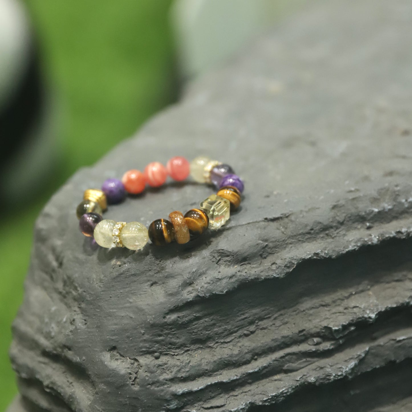 10mm Golden Rutilated Quartz Stretch Round Bead Bracelet | Natural Crystal