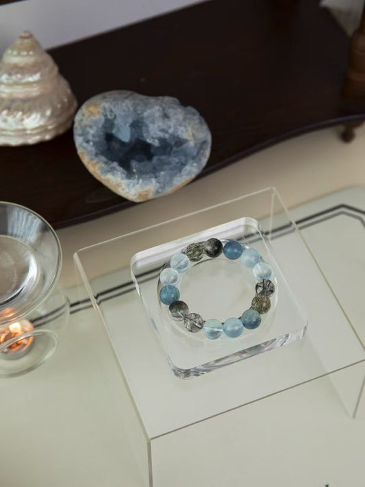Water Element Healing Bracelet - Black Rutilated Quartz & Aquamarine for Peace and Courage