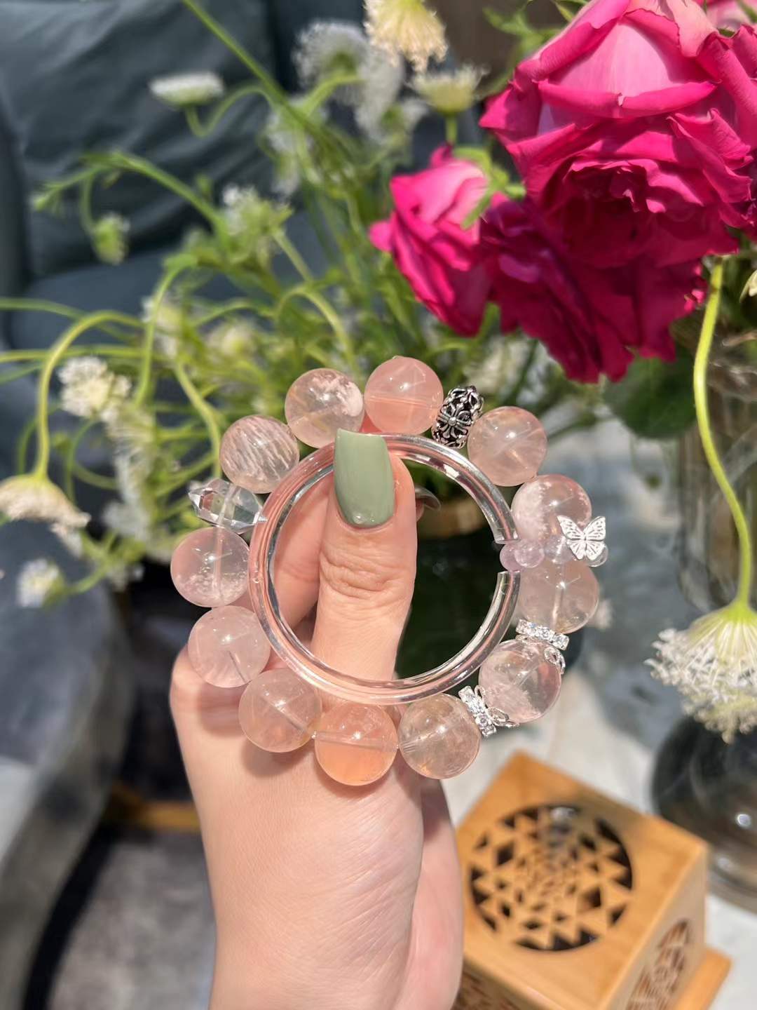 Rose Quartz & Pink Snowflake Ghost Phantom Quartz Bracelet