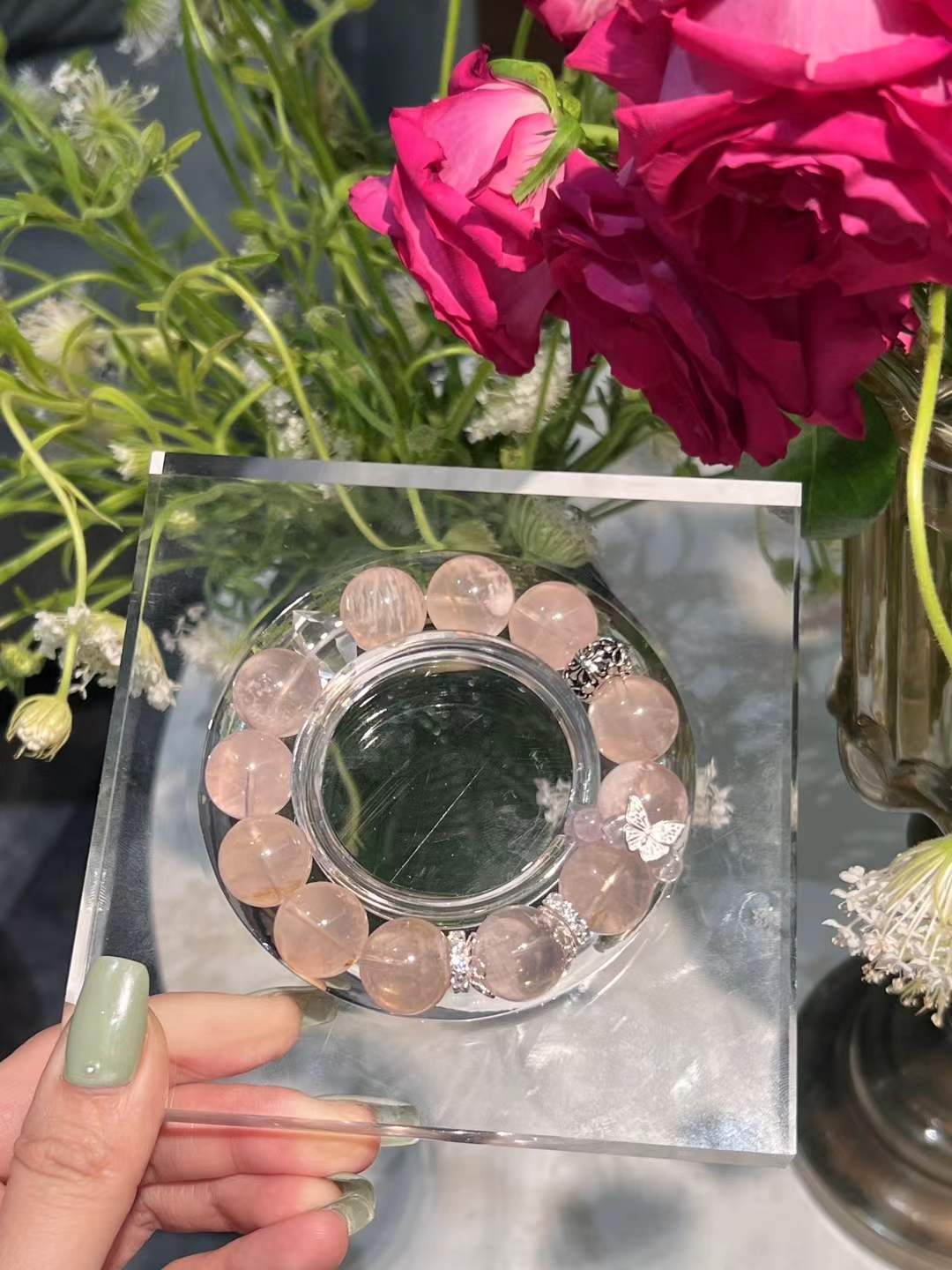 Rose Quartz & Pink Snowflake Ghost Phantom Quartz Bracelet