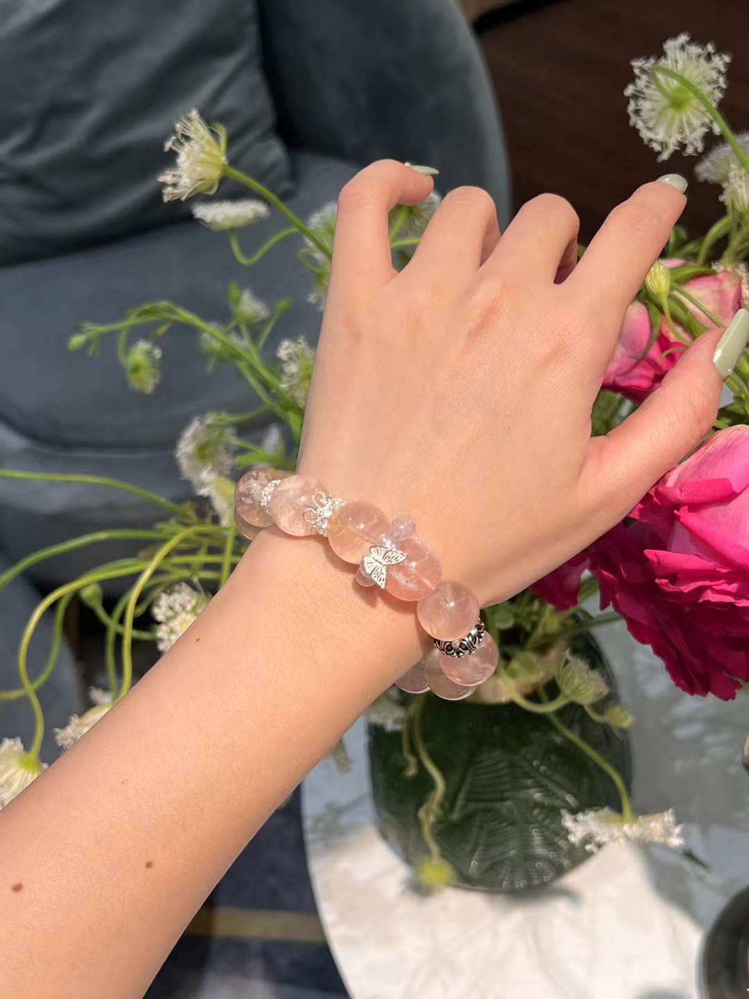 Rose Quartz & Pink Snowflake Ghost Phantom Quartz Bracelet