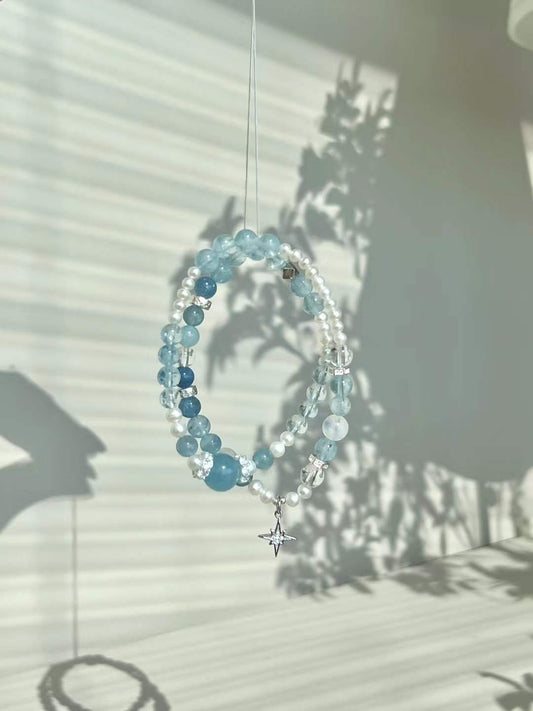 Water Element | Double-Wrap Aquamarine & Genuine Pearl Ocean Breeze Bracelet