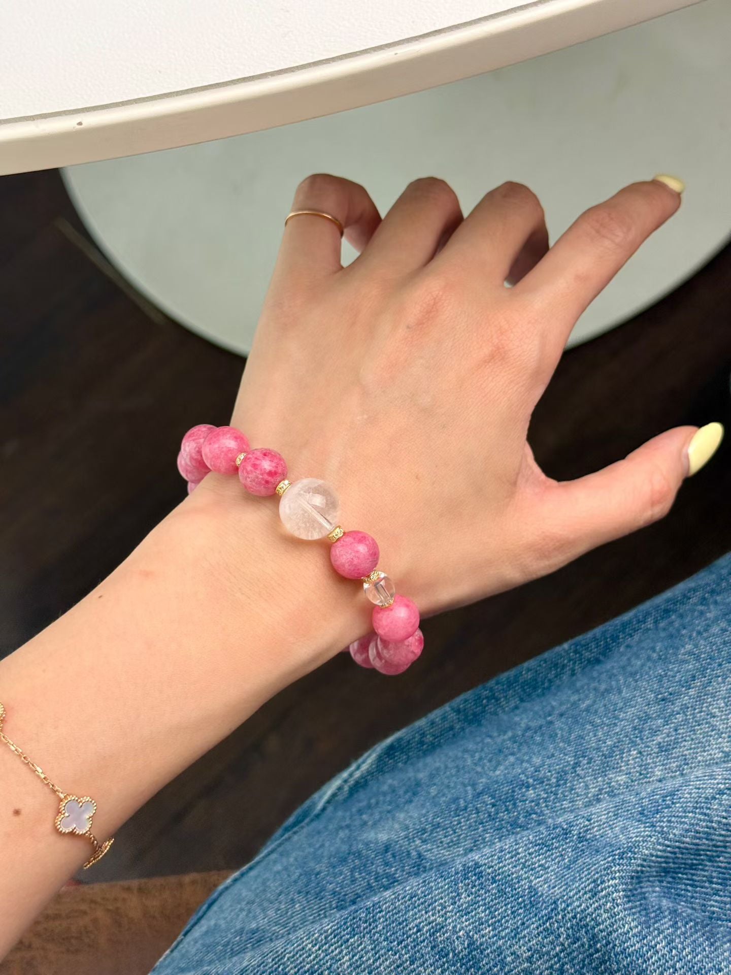 Rhodonite & White Phantom Crystal Bracelet: Heal, Purify, and Balance
