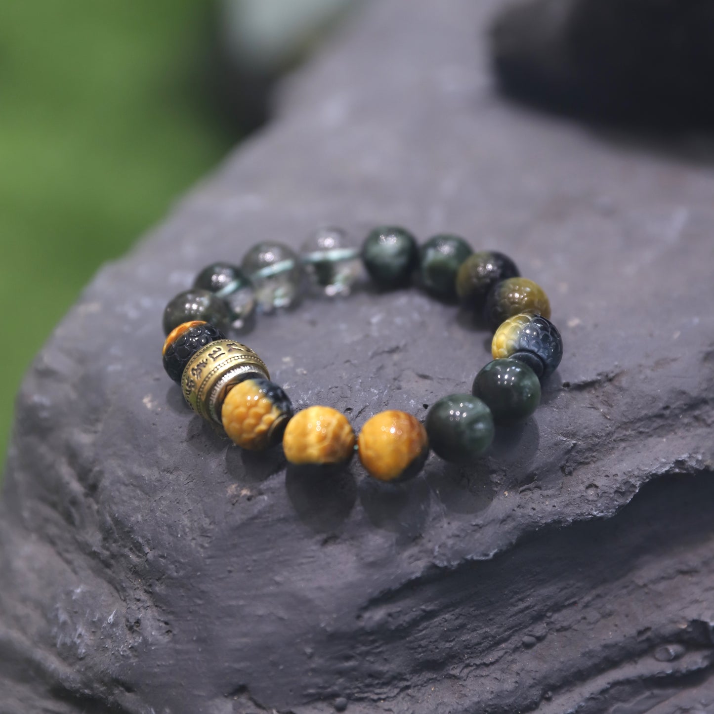 12mm Seraphinite Dragon Carved Multicolored Tiger Eye Green Phantom Quartz Bead Bracelet | Natural Crystal | Celestial Dragon