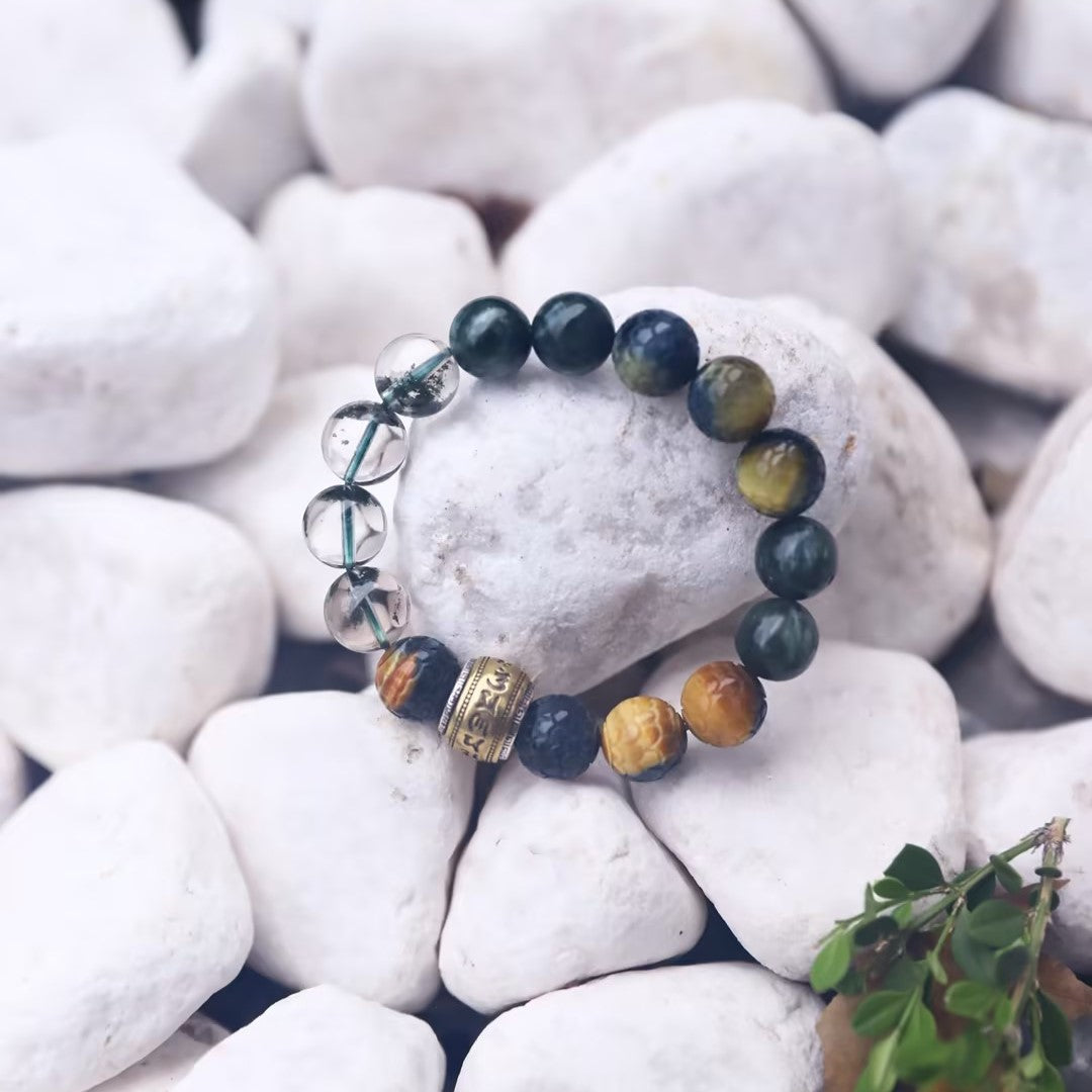  Spacetime Mineral 12mm Seraphinite Dragon Carved Multicolored Tiger Eye Green Phantom Quartz Bead Bracelet | Natural Crystal | Celestial Dragon