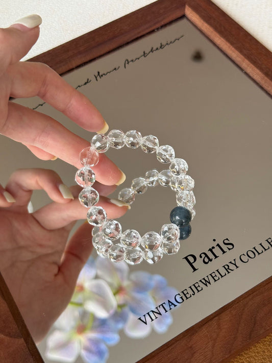 Black Flash Aquamarine & Faceted Clear Quartz Bracelet – Energy Purification & Social Ease