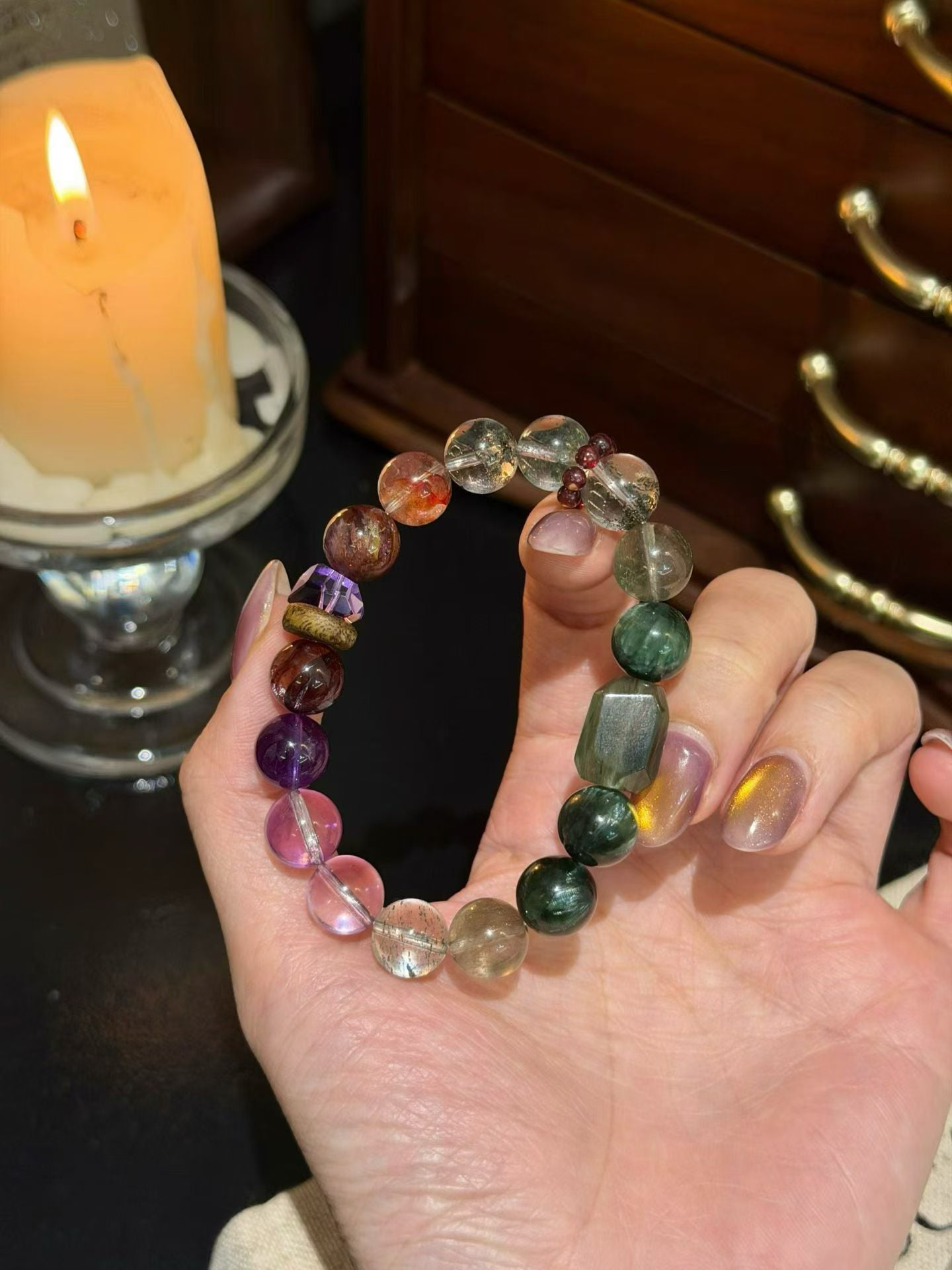 Spiritual Transformation Crystal Bracelet | Green Phantom, Seraphinite, Amethyst & Red Fire Quartz for Career Breakthroughs