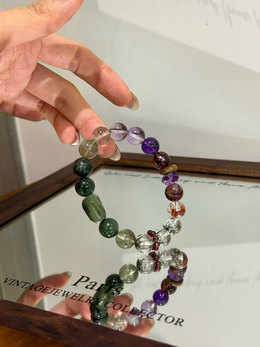 Spiritual Transformation Crystal Bracelet | Green Phantom, Seraphinite, Amethyst & Red Fire Quartz for Career Breakthroughs