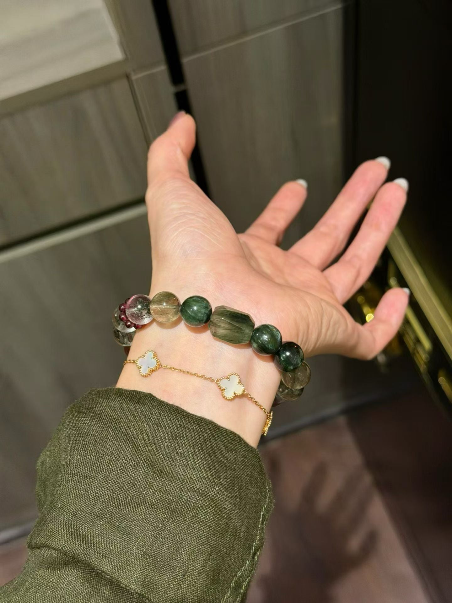 Spiritual Transformation Crystal Bracelet | Green Phantom, Seraphinite, Amethyst & Red Fire Quartz for Career Breakthroughs