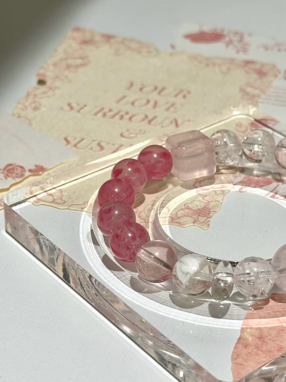Deep Heart Healing & Renewal Crystal Bracelet | Rhodonite, Rose Quartz & White Phantom for Emotional Recovery