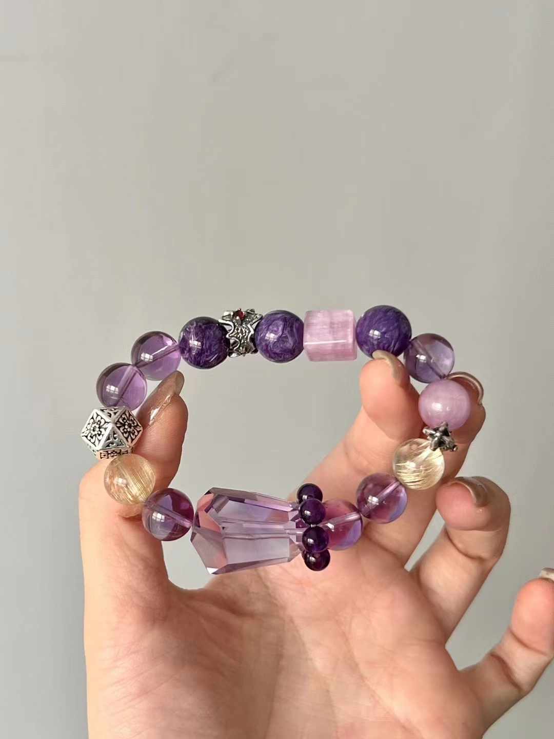 Fire Element | Amethyst, Charoite, Kunzite & Gold Rutilated Quartz Bracelet