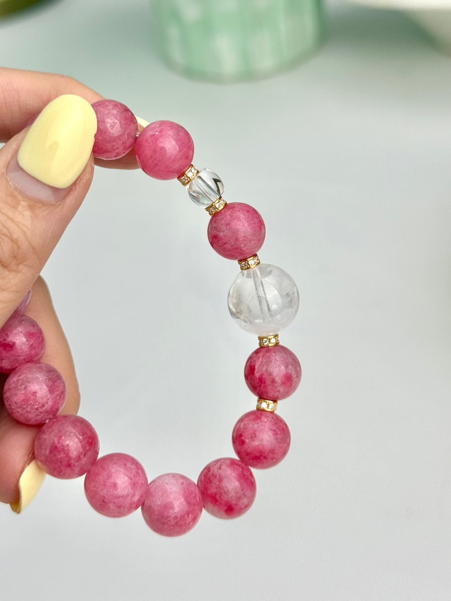 Rhodonite & White Phantom Crystal Bracelet: Heal, Purify, and Balance