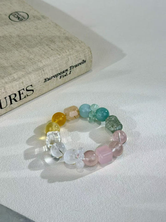 Total Life Harmony & Abundance Crystal Bracelet | Citrine, Green Rutilated Quartz, Rose Quartz & Seraphinite