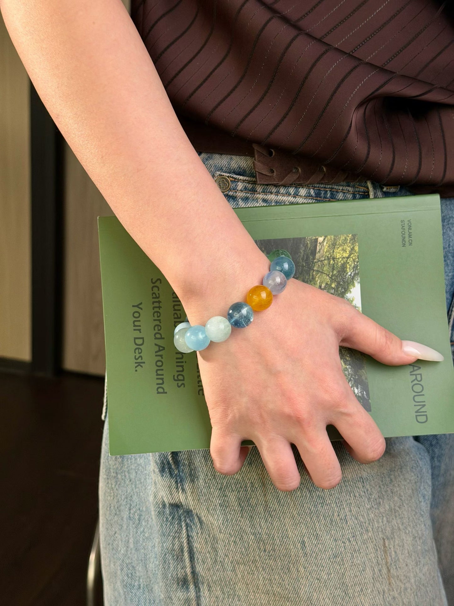 High-Vibe Clarity & Focus Crystal Bracelet | Aquamarine, Kyanite, Green & Yellow Fluorite for Students, Creatives