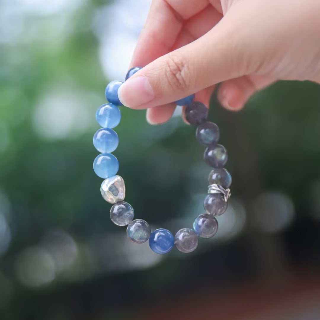 Spacetime Mineral 11mm Kyanite Aquamarine Healing Power Beaded Bracelet | Natural Crystal