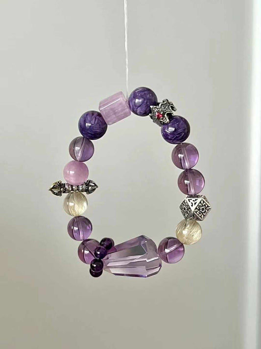 Fire Element | Amethyst, Charoite, Kunzite & Gold Rutilated Quartz Bracelet