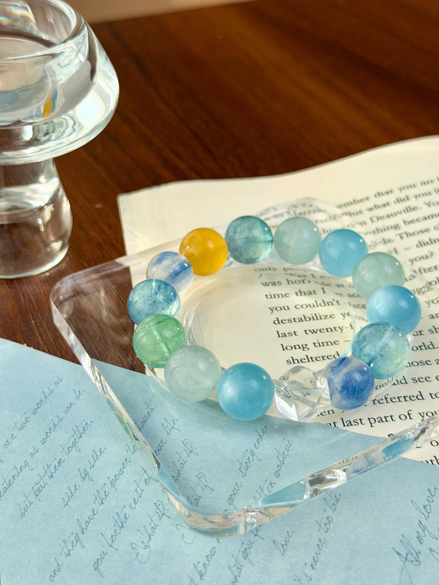 High-Vibe Clarity & Focus Crystal Bracelet | Aquamarine, Kyanite, Green & Yellow Fluorite for Students, Creatives
