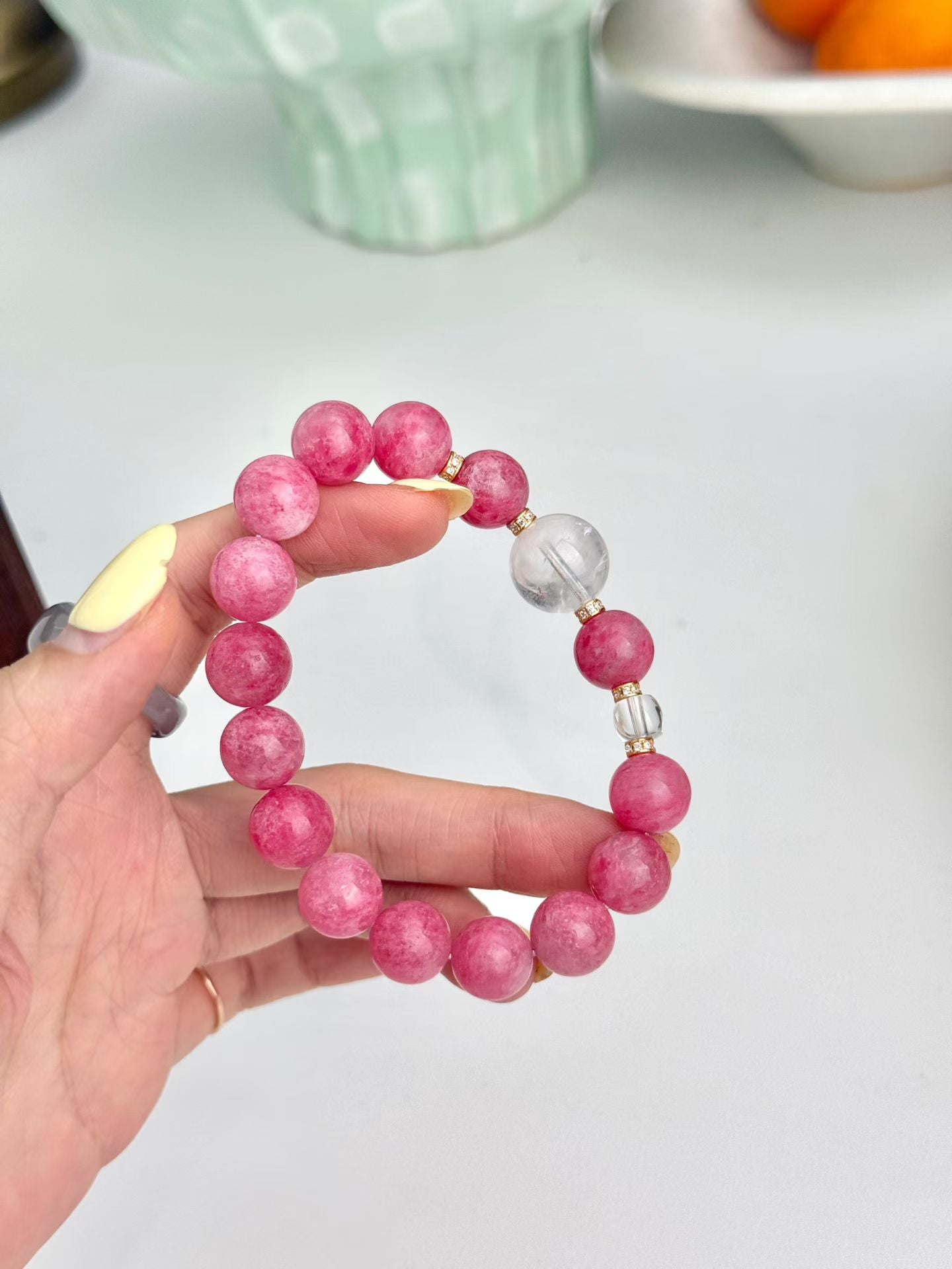 Rhodonite & White Phantom Crystal Bracelet: Heal, Purify, and Balance