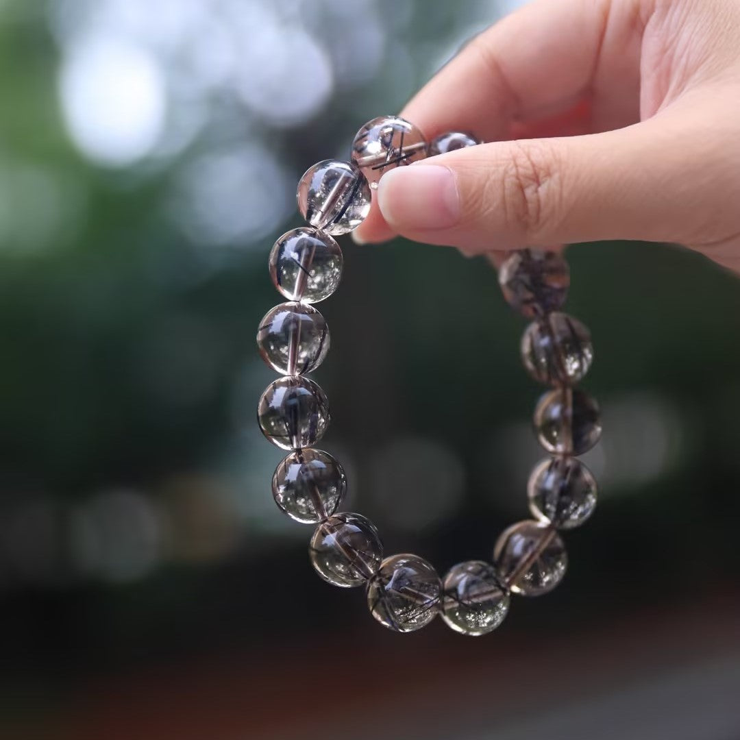 Spacetime Mineral 13mm Black Rutilated Quartz Stretch Round Bead Bracelet | Natural Crystal | Ebon Guardian