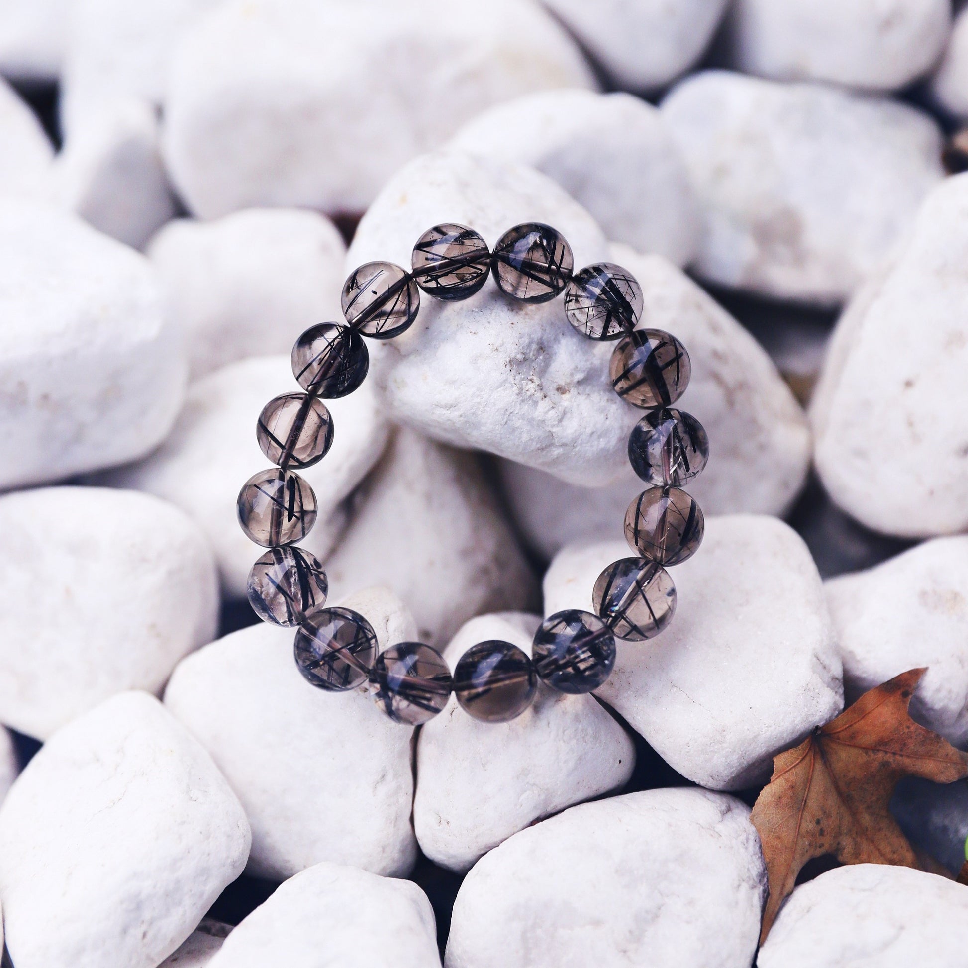 Spacetime Mineral 13mm Black Rutilated Quartz Stretch Round Bead Bracelet | Natural Crystal | Ebon Guardian