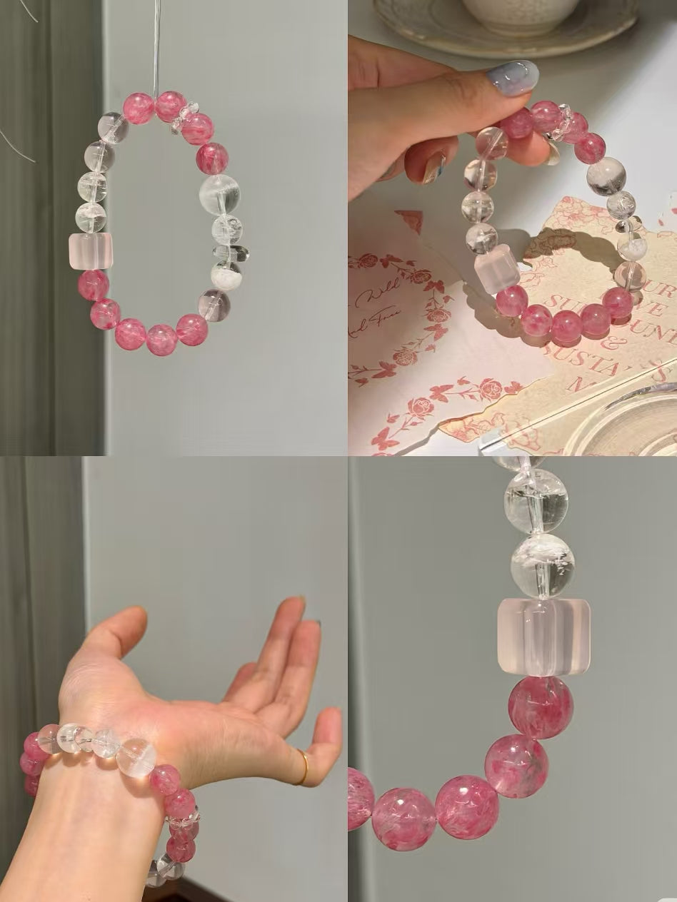 Deep Heart Healing & Renewal Crystal Bracelet | Rhodonite, Rose Quartz & White Phantom for Emotional Recovery