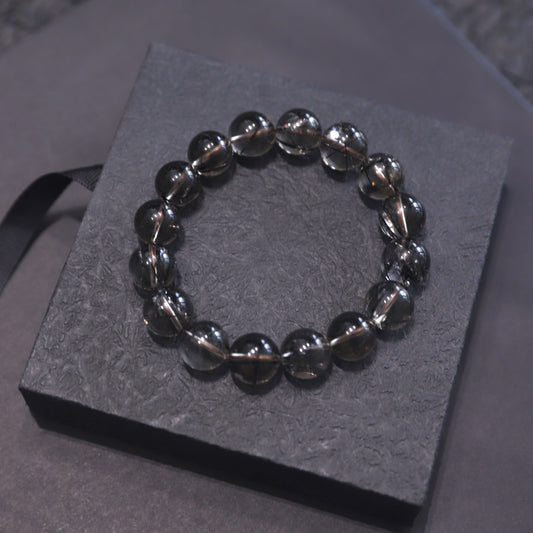 Spacetime Mineral 13mm Black Rutilated Quartz Stretch Round Bead Bracelet | Natural Crystal | Ebon Guardian