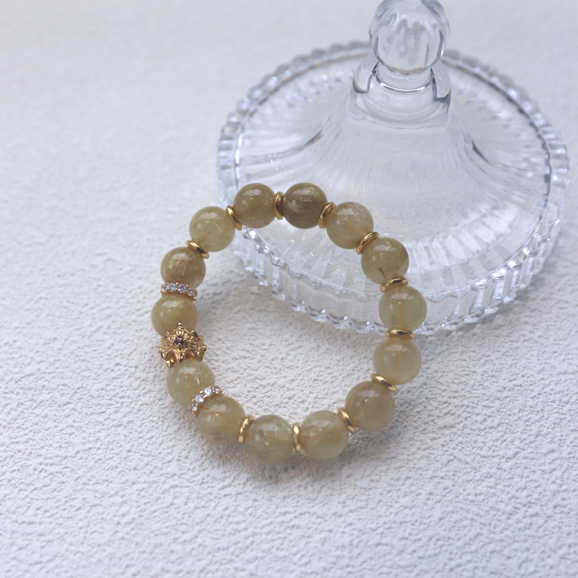 Spacetime Mineral 12mm Golden Rutilated Quartz Stretch Round Bead Bracelet | Natural Crystal | Radiance