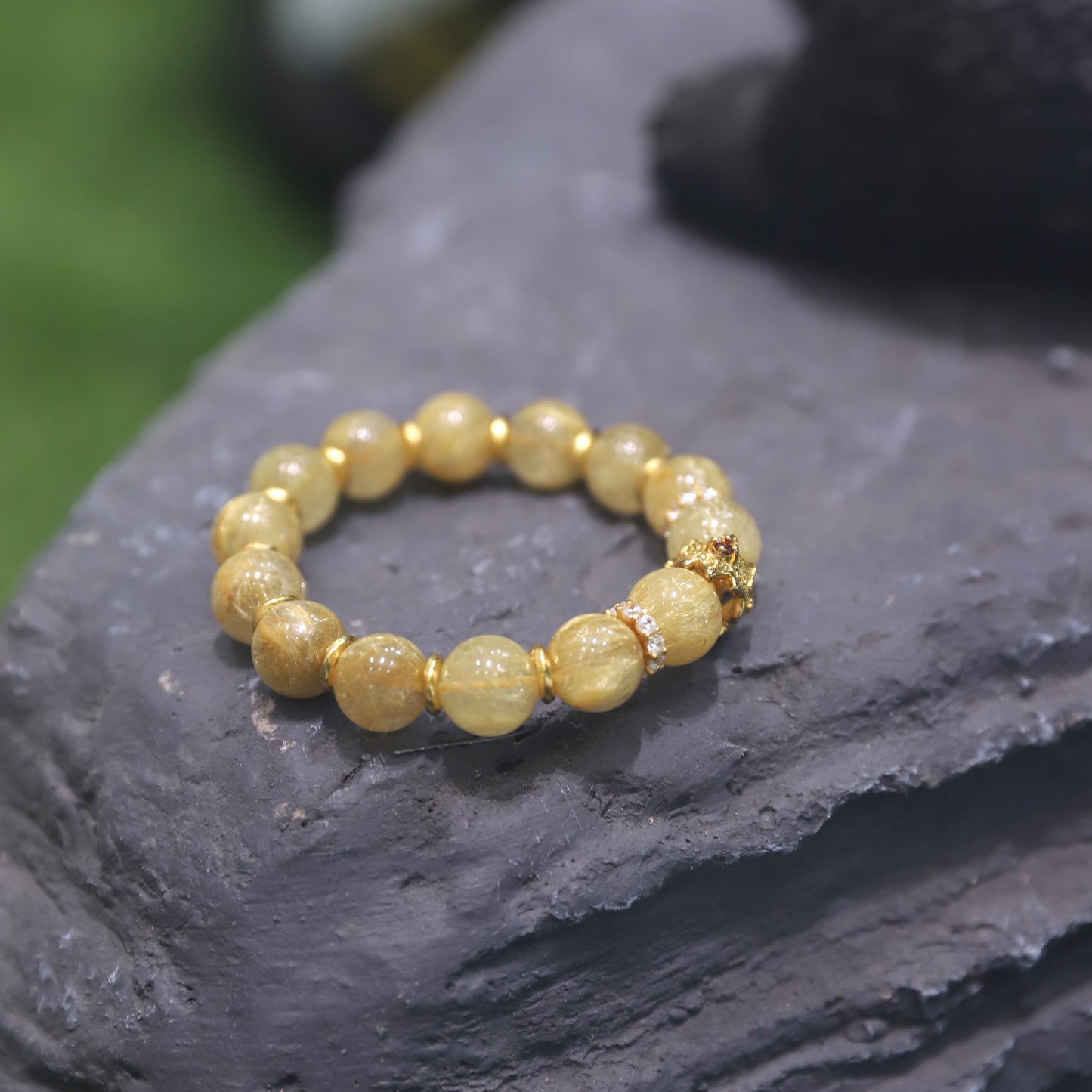 Spacetime Mineral 12mm Golden Rutilated Quartz Stretch Round Bead Bracelet | Natural Crystal | Radiance