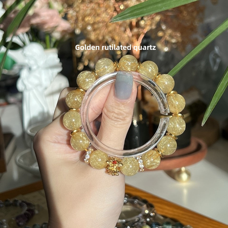 Spacetime Mineral 12mm Golden Rutilated Quartz Stretch Round Bead Bracelet | Natural Crystal | Radiance