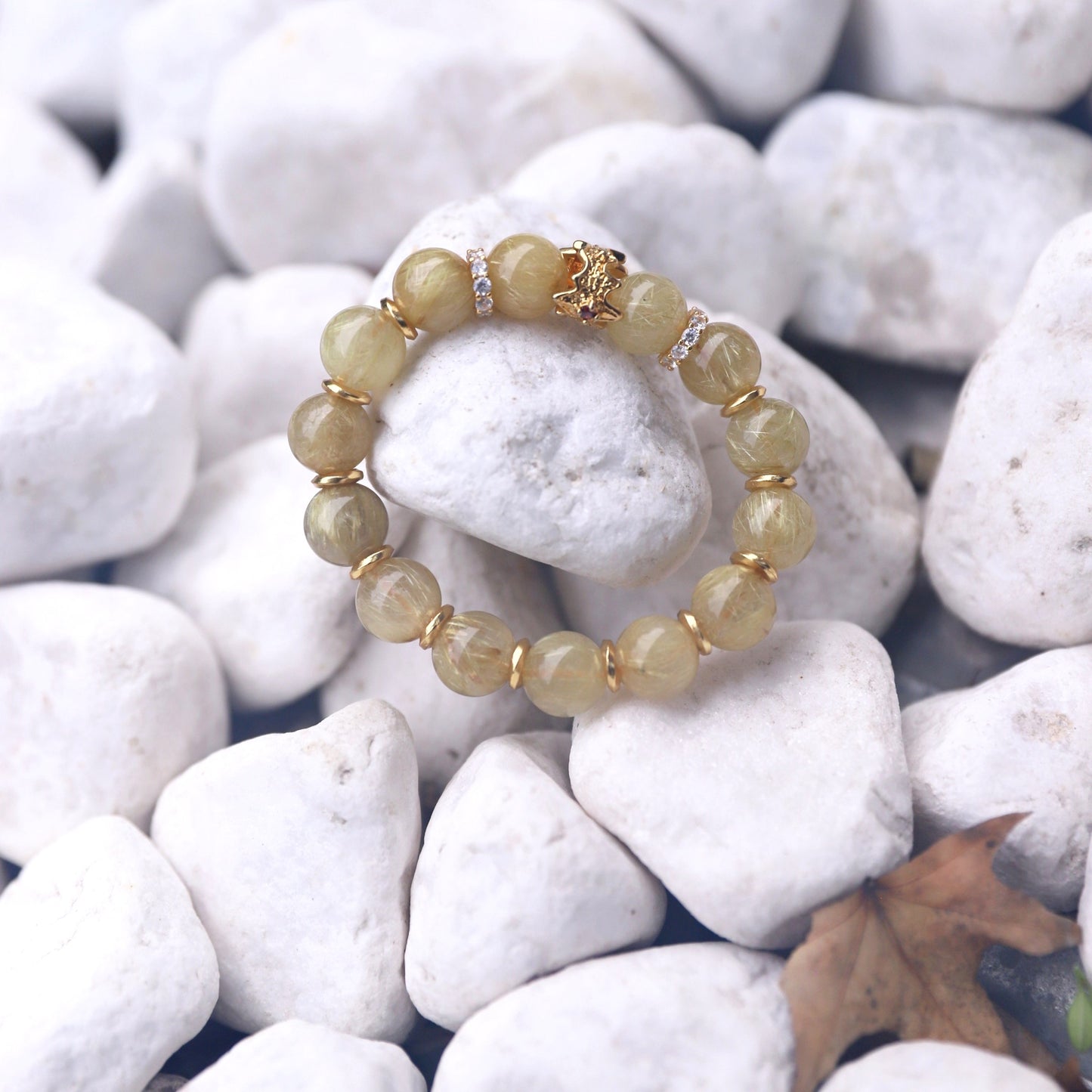 Spacetime Mineral 12mm Golden Rutilated Quartz Stretch Round Bead Bracelet | Natural Crystal | Radiance