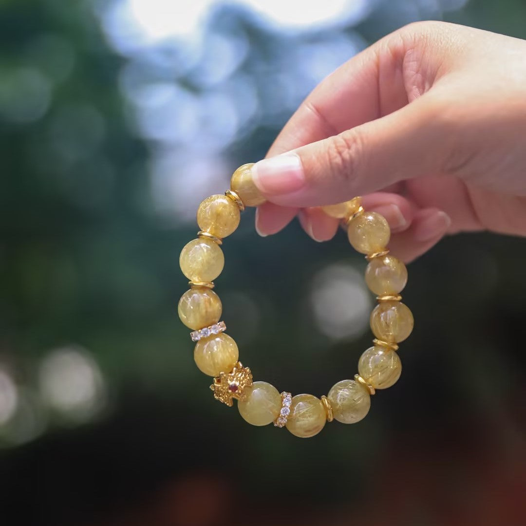 Spacetime Mineral 12mm Golden Rutilated Quartz Stretch Round Bead Bracelet | Natural Crystal | Radiance