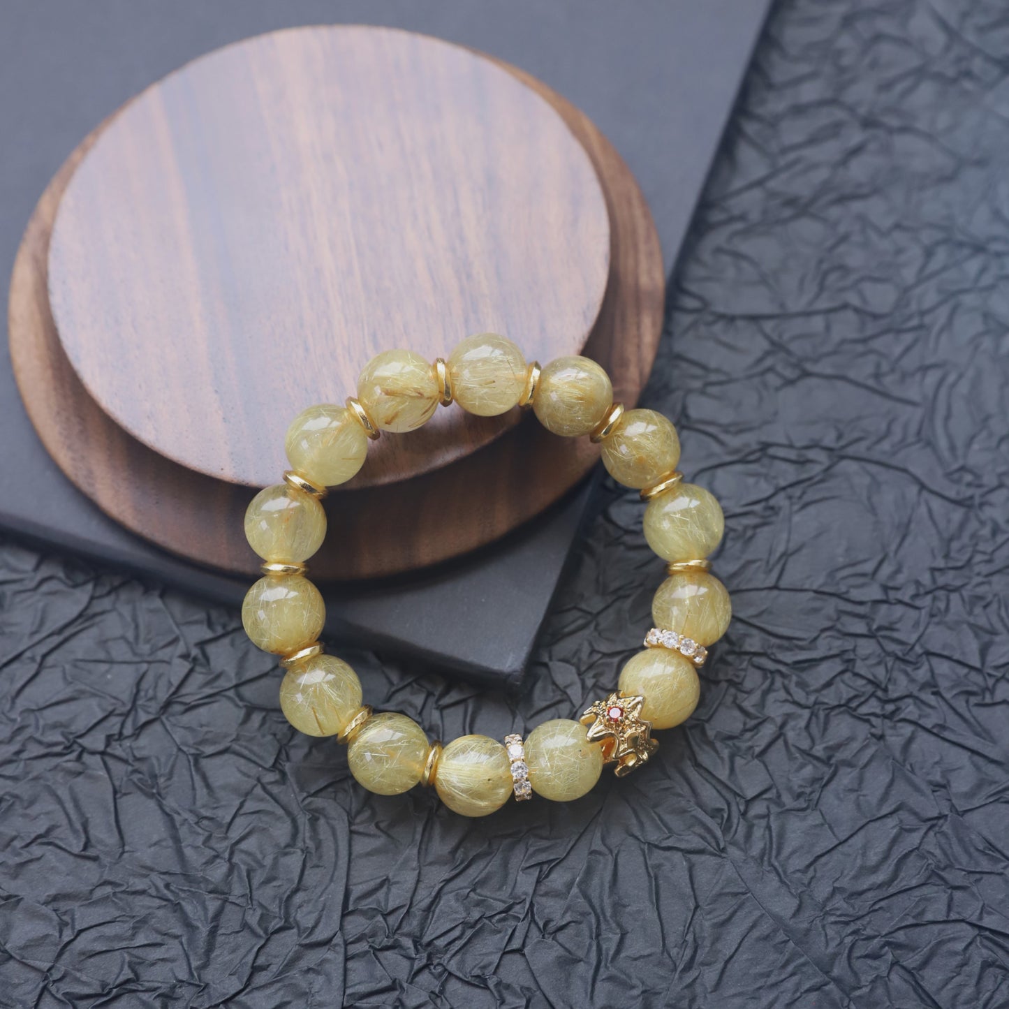 Spacetime Mineral 12mm Golden Rutilated Quartz Stretch Round Bead Bracelet | Natural Crystal | Radiance