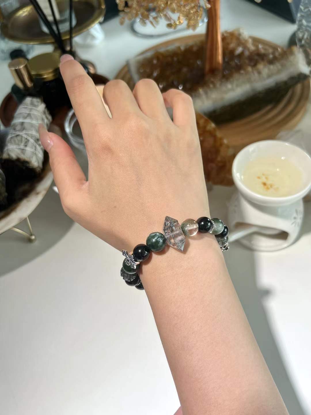 Wood & Water Elements | Infinite Success & Protection Crystal Bracelet (Green Phantom, Black Obsidian, Hypersthene & More）
