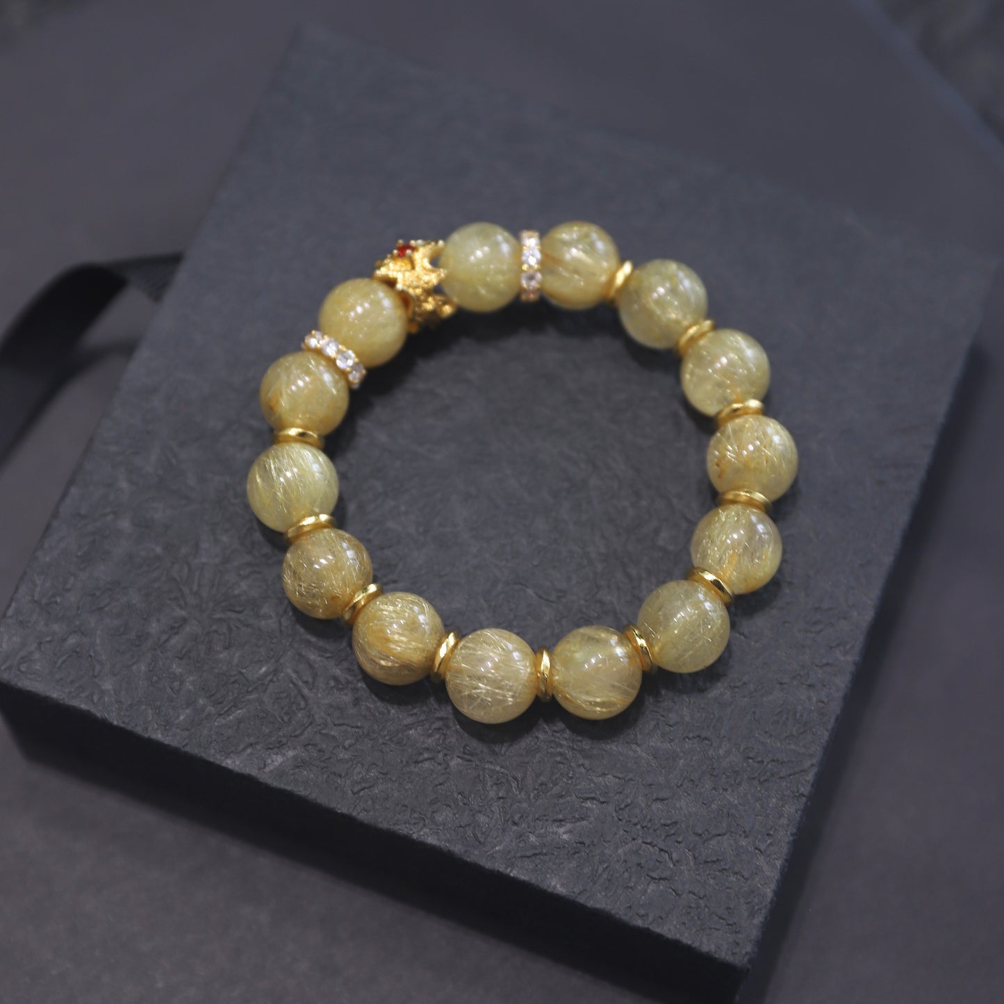 Spacetime Mineral 12mm Golden Rutilated Quartz Stretch Round Bead Bracelet | Natural Crystal | Radiance