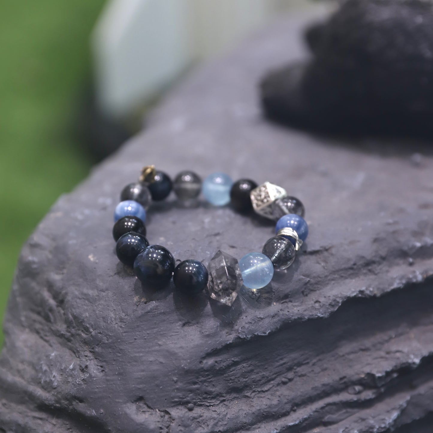 Spacetime Mineral 11mm Aquamarine and Gold Sheen Obsidian Stretch Round Bead Bracelet | Natural Crystal | Water Generates Wood Collection