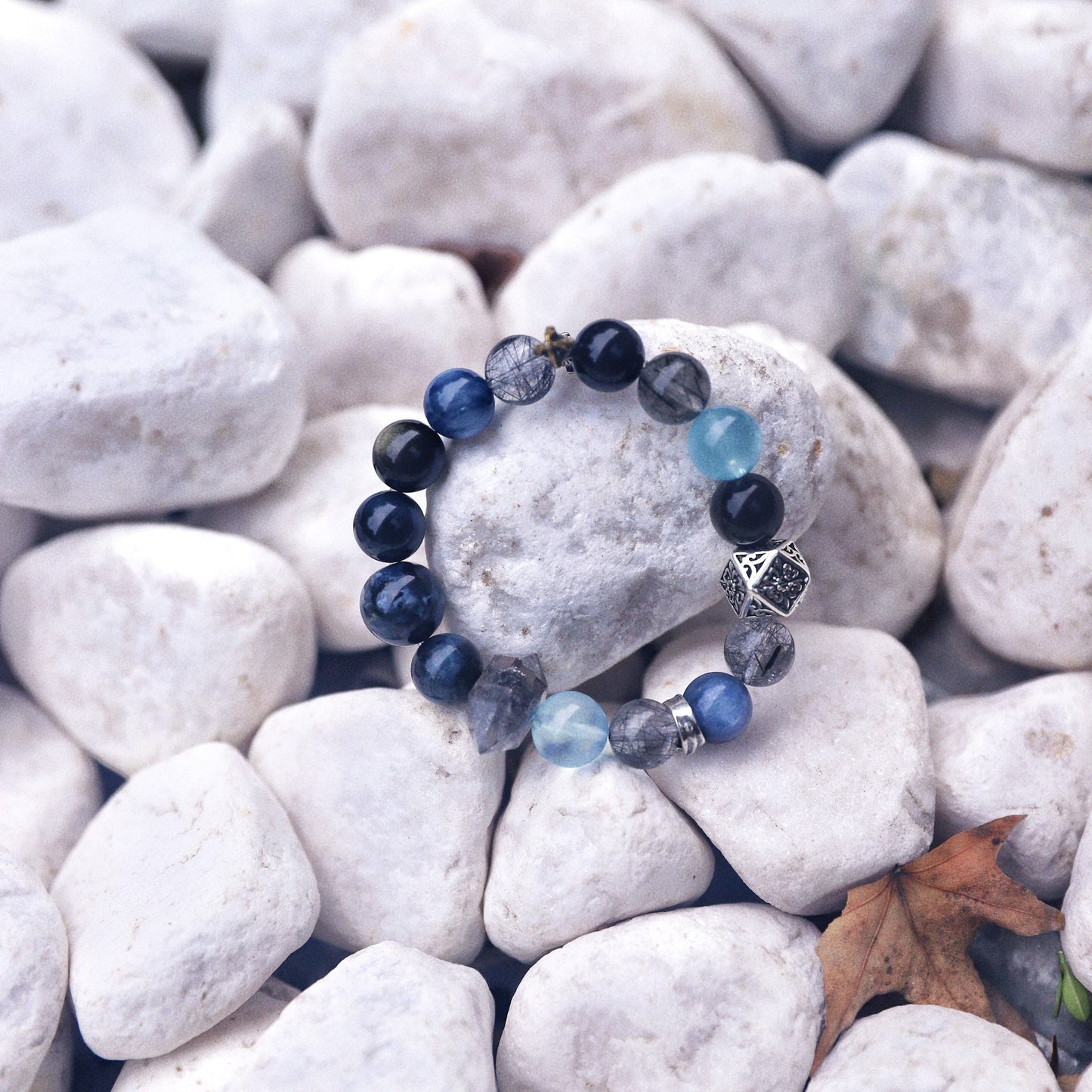 Spacetime Mineral 11mm Aquamarine and Gold Sheen Obsidian Stretch Round Bead Bracelet | Natural Crystal | Water Generates Wood Collection