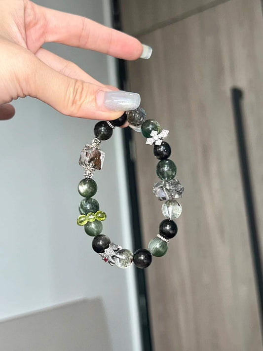 Wood & Water Elements | Infinite Success & Protection Crystal Bracelet (Green Phantom, Black Obsidian, Hypersthene & More）