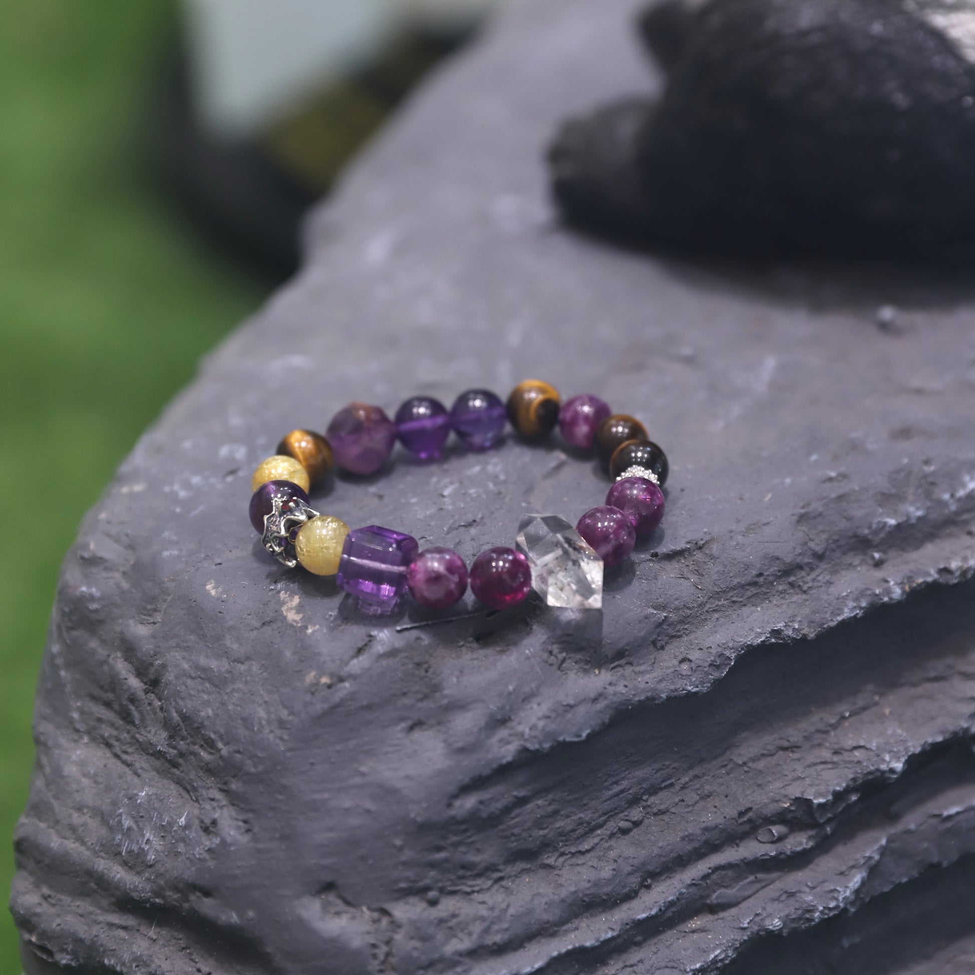 Spacetime Mineral 10mm Amethyst Purple Phantom Stretch Round Bead Bracelet | Natural Crystal | Violet Reverie