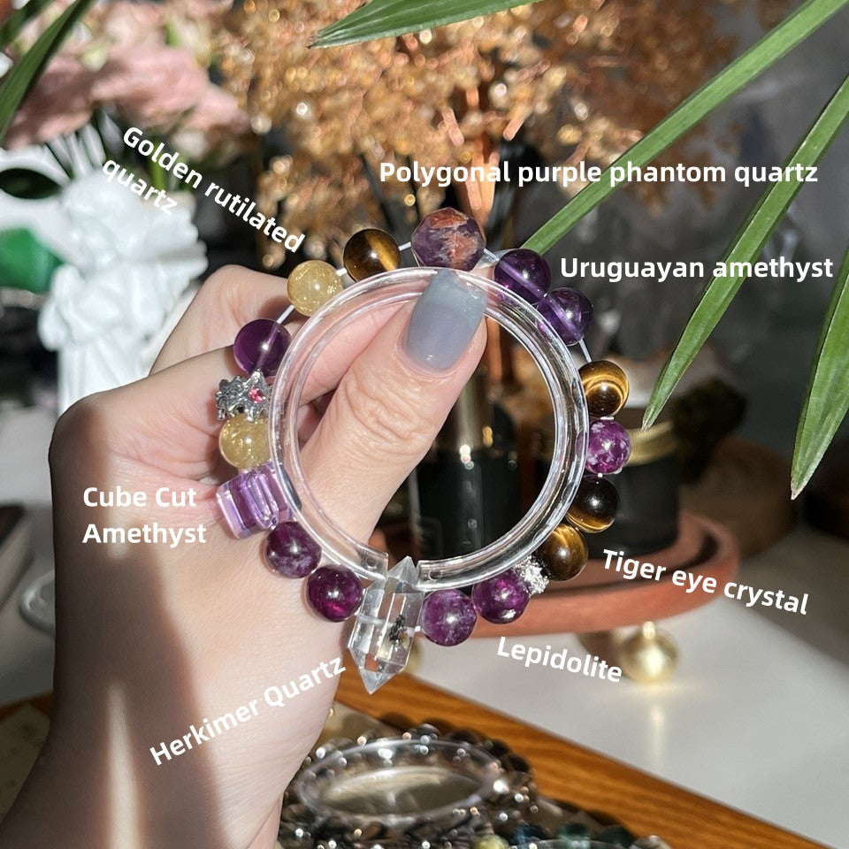 Spacetime Mineral 10mm Amethyst Purple Phantom Stretch Round Bead Bracelet | Natural Crystal | Violet Reverie