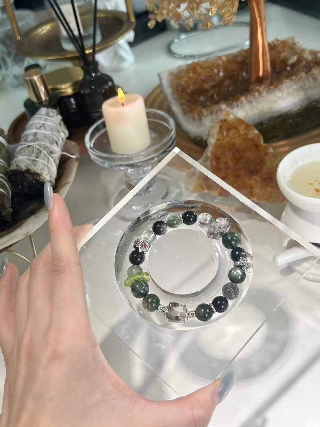 Wood & Water Elements | Infinite Success & Protection Crystal Bracelet (Green Phantom, Black Obsidian, Hypersthene & More）