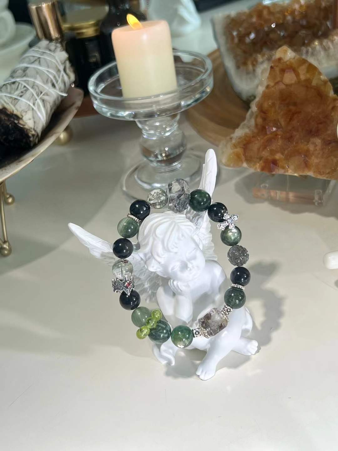Wood & Water Elements | Infinite Success & Protection Crystal Bracelet (Green Phantom, Black Obsidian, Hypersthene & More）